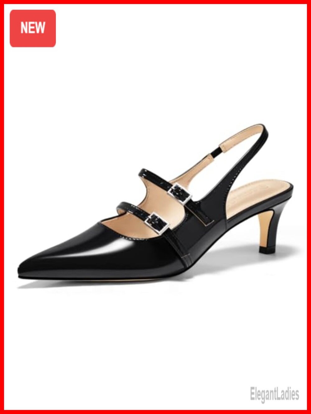 Coutgo Womens Slingback Kitten Heels Mary Jane Pumps Pointed Toe Buckle Straps